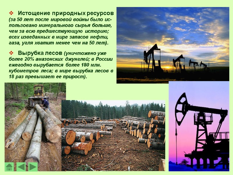 Истощение природных ресурсов (за 50 лет после мировой войны было ис-пользовано минерального сырья больше,